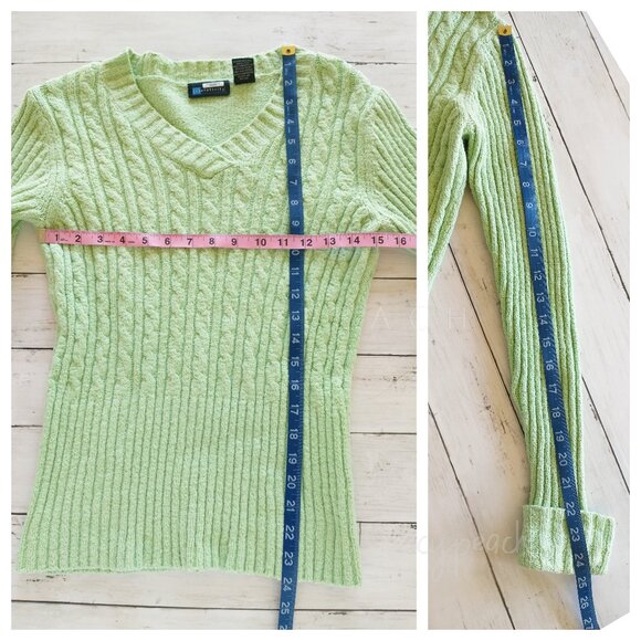 Relativity Sweater Small Vintage Lt Green V-Neck Ribbed Cuffed Lagenlook Preppy - Picture 6 of 12